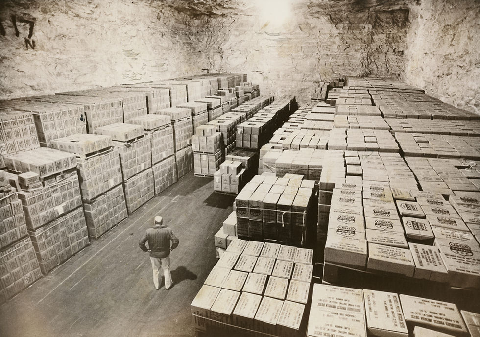 Cecil Swinnhart stands amid boxes of government cheese in an underground storage facility.