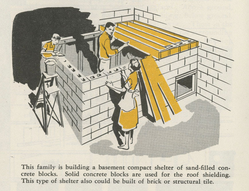 An illustration of a family building a fallout shelter in the basement. A man lays solid concrete blocks on what will be the roof of the shelter while a boy lays mortar between layers of bricks. A woman stands nearby. Text reads: "This family is building a basement compact shelter of sand-filled concrete blocks. Solid concrete blocks are also used for the roof shielding. This type of shelter also could be built of brick or structural tile."