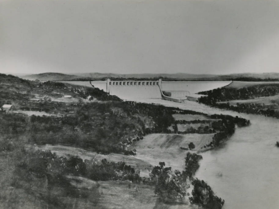 A black and white sketch envisioning Table Rock Dam. The dam interrupts wooded hills and forms a reservoir.