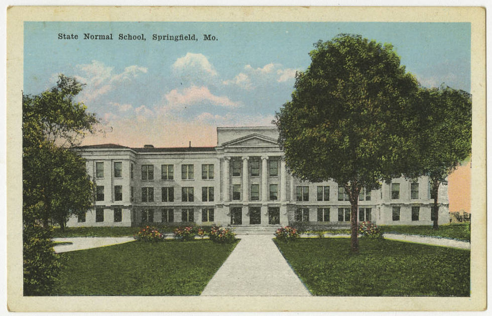 A postcard depicting Academic Hall at the Fourth District Normal School. It is a three story building with a white, neo-classical facade. It is on a green lawn.