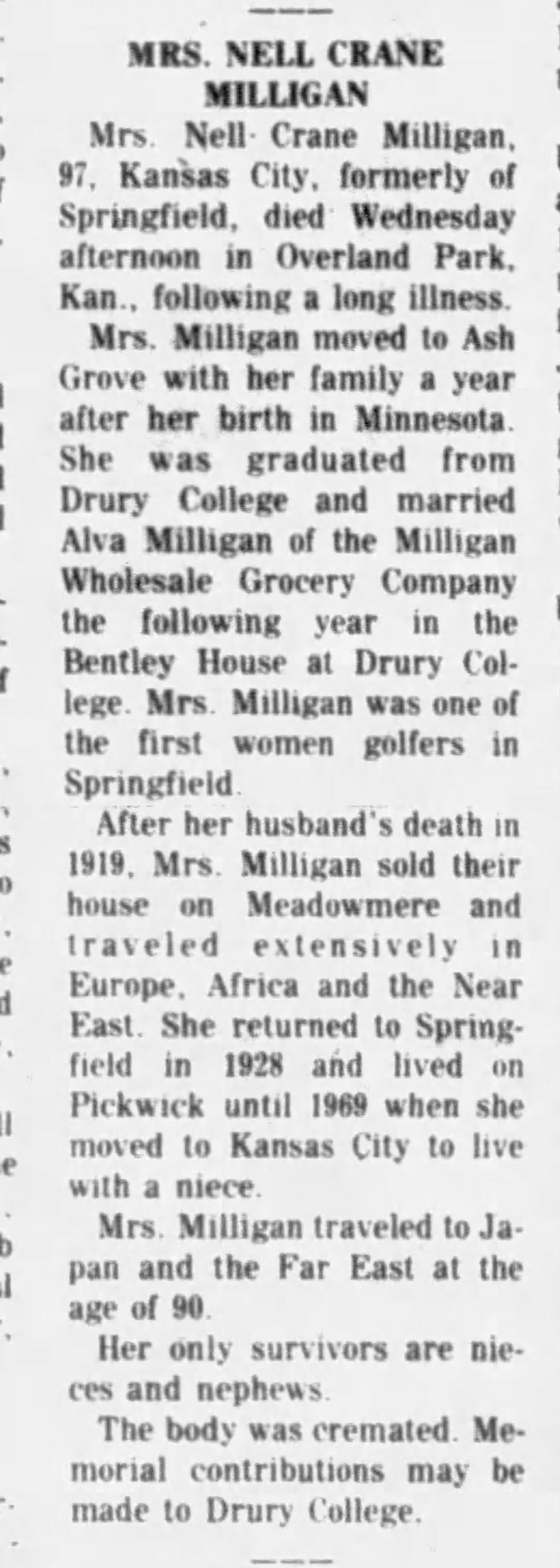 Nell Milligan Obituary from the Springfield News-Leader.