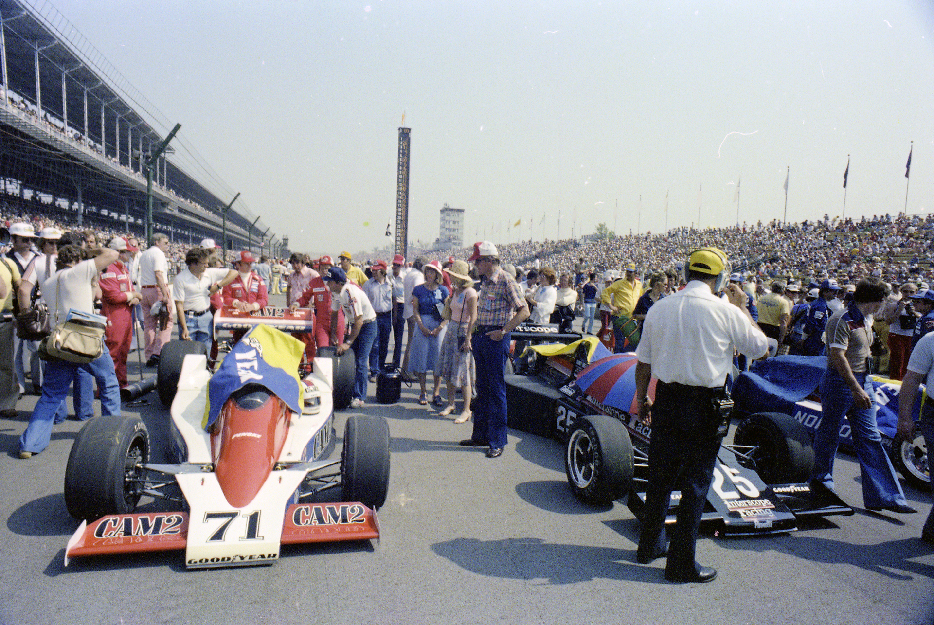 The 1978 fastest qualifiers were (left to right) #71 Rick Mears, #25 Danny Ongais, and Tom Sneva.