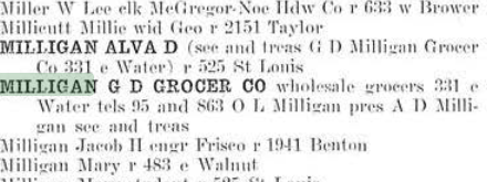 An excerpt of the 1909 City Directory entry for Milligan G D Grocery Co.
