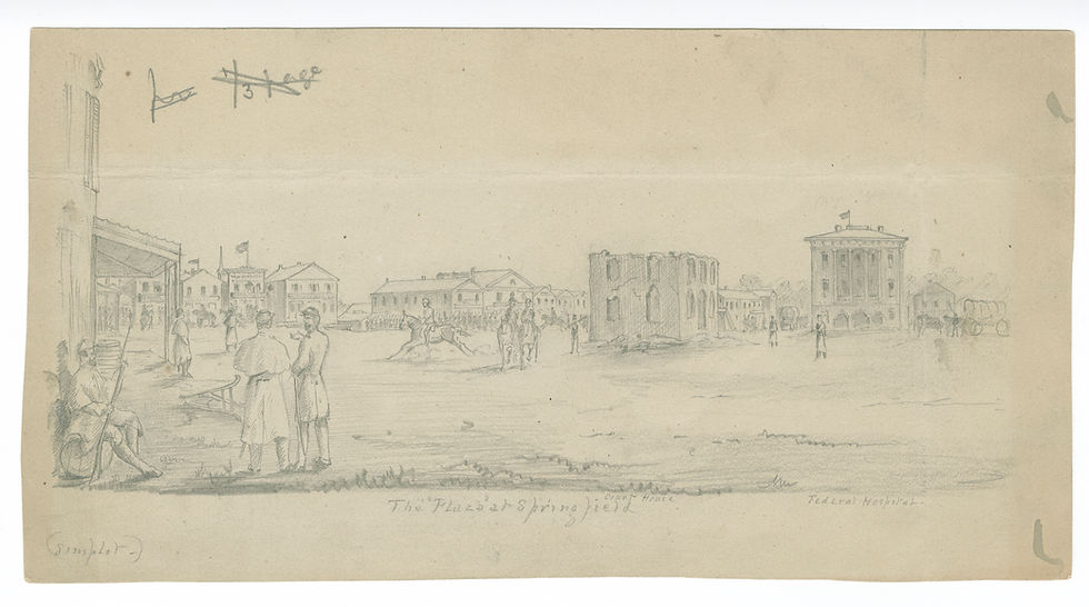 A pencil sketch of men in war uniforms talking, pointing, riding horses, and forming lines. Buildings are sketched in the background. 