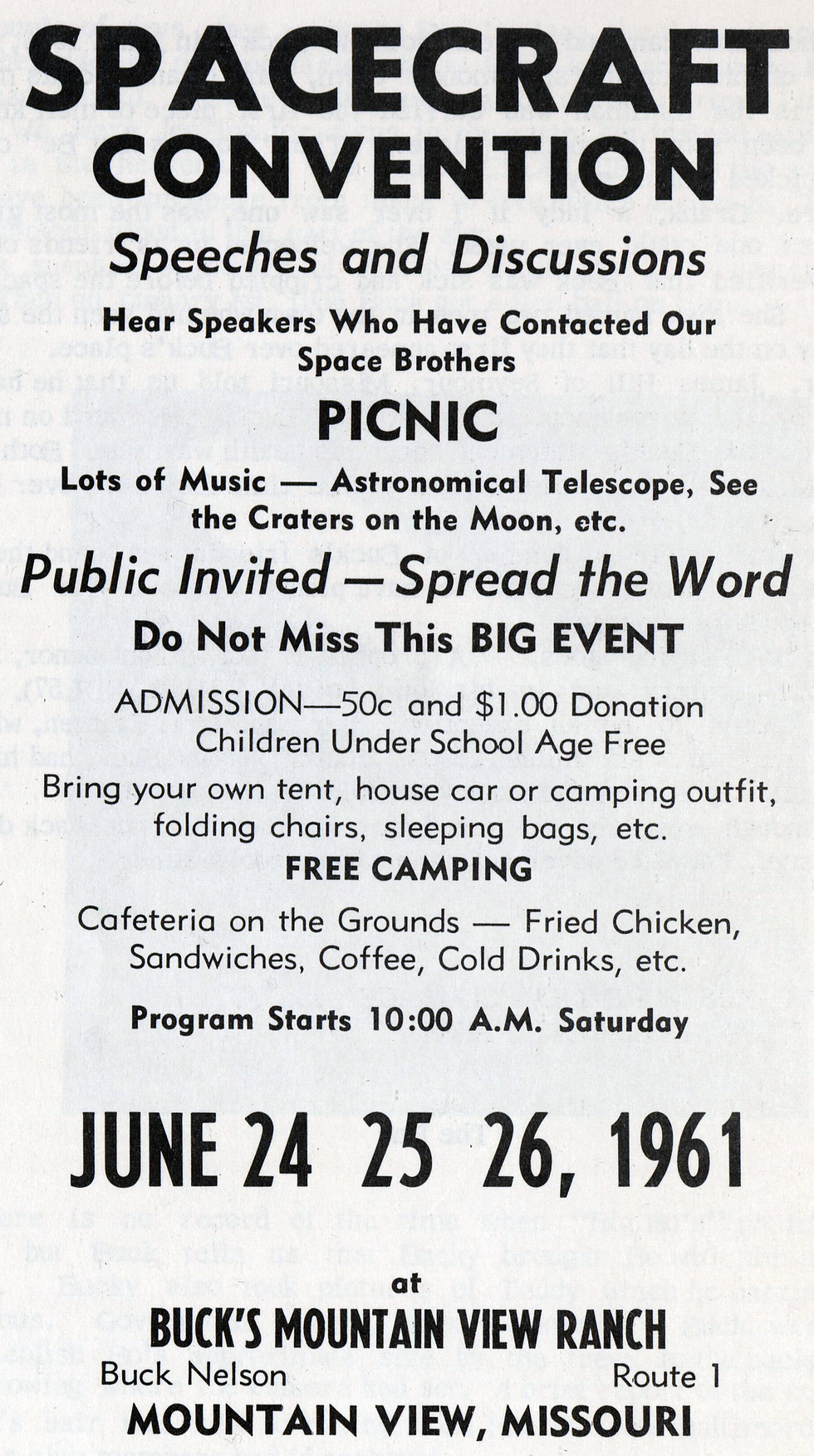 A flyer advertising a Spacecraft Convention with speeches, discussions, picnic and music. Admission price, food menu, dates, and address are also listed.