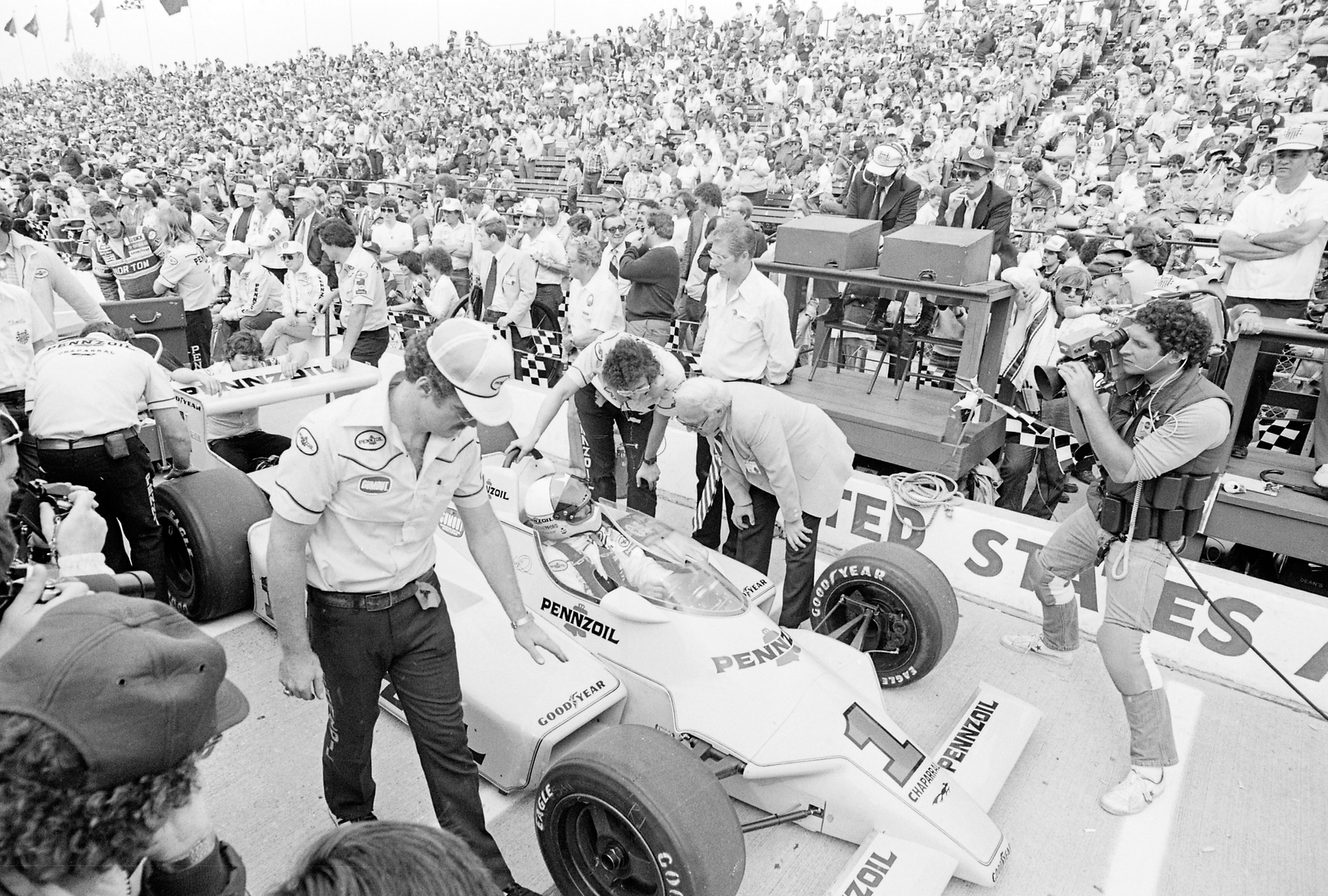 Three-time winner Johnny Rutherford makes a qualifying attempt in the 1981 qualifying rounds.