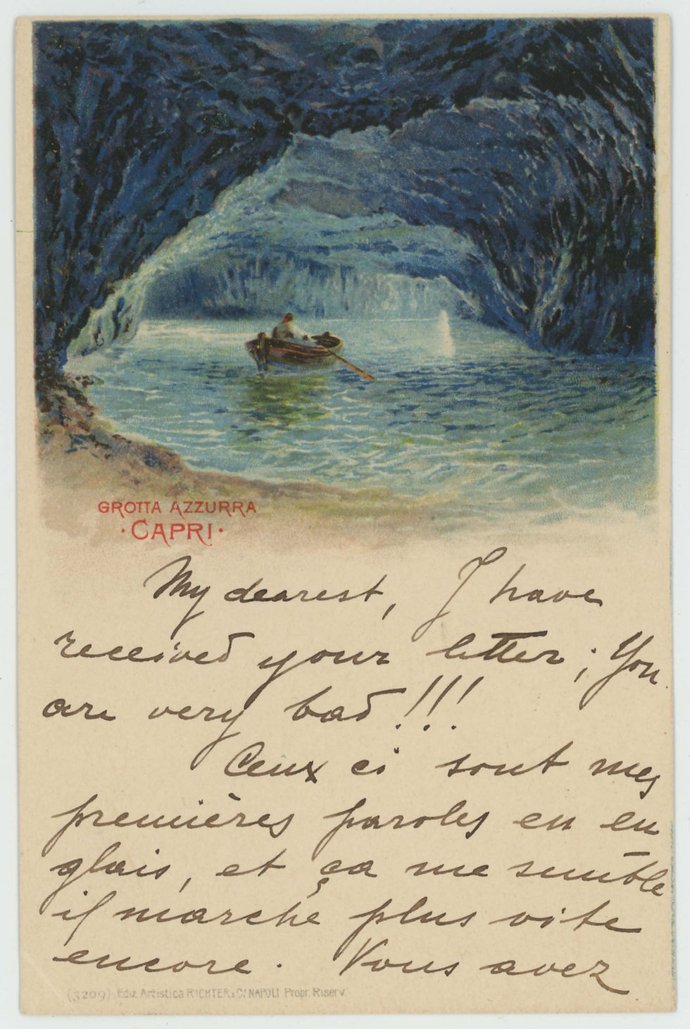 A postcard of the Grotta Azzurra in Capri, Italy written to Nell C. Milligan. The voyages of solo female travelers are documented in letters, photographs, and postcards like these. Image Courtesy the Springfield–Greene County Library District, Nell Crane Milligan Collection.