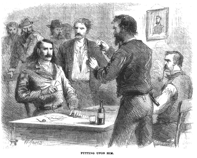 A sketch of men standing in a room. A man with long hair and a mustache holds cards, while a man with a beard stands over him displaying a watch. 