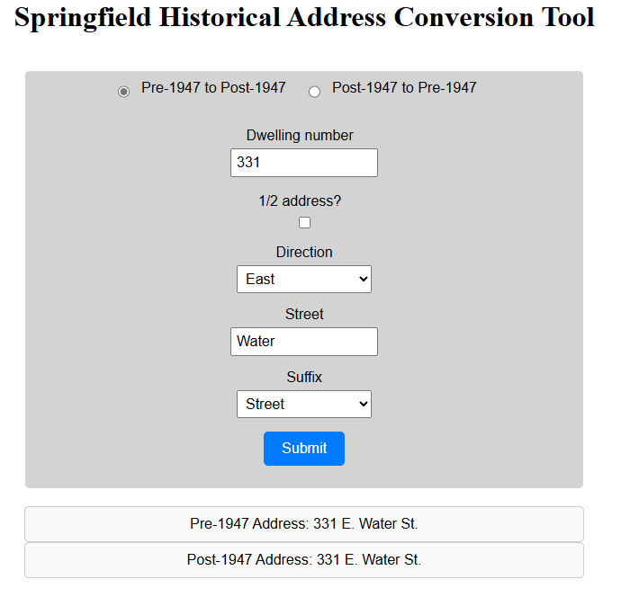 An address being entered into the Historical Address Conversion tool