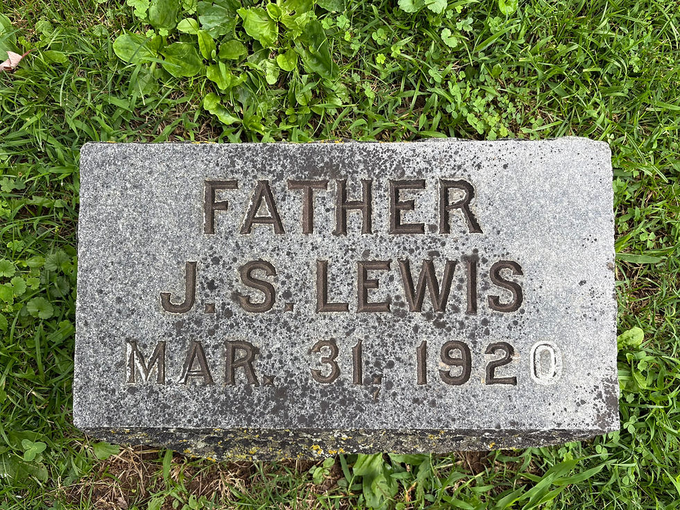 A plain rectangular grave marker that says "Father J.S. Lewis Mar 31, 1920" is embedded in grass.