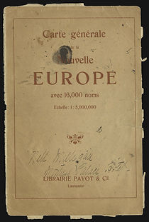 Cover page for a Map of Europe belonging to Nell Milligan. International travel was historically a luxury reserved for the wealthy. Image Courtesy the Springfield–Greene County Library District, Nell Crane Milligan Collection.