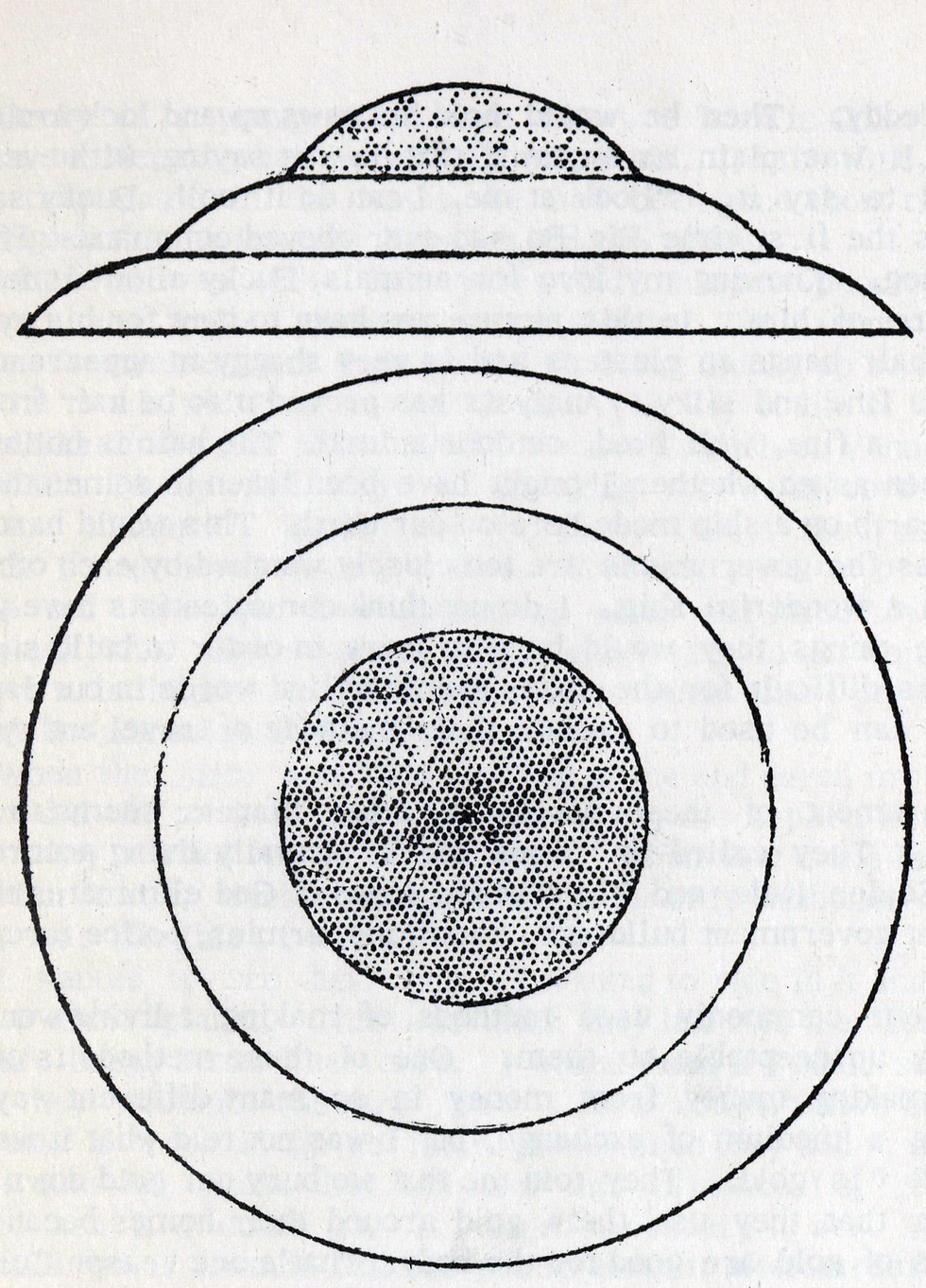 A hand drawing of a tiered structure on top, and a bulls-eye formation of nested circles on the bottom