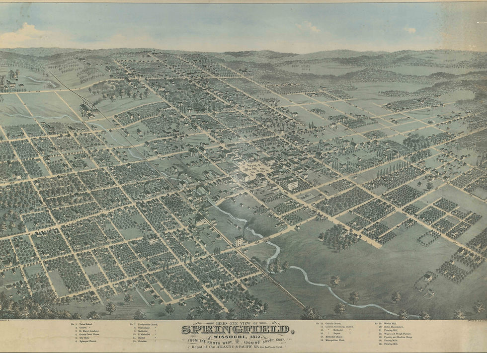 Springfield from above as seen in 1872 in a hand-drawn map