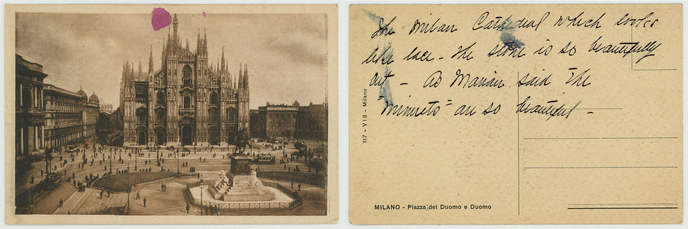 Postcard showing the Milan Cathedral written by Nell C. Milligan. Oftentimes, religious journeys were considered socially acceptable reasons for women to travel unaccompanied. Image Courtesy the Springfield–Greene County Library District, Nell Crane Milligan Collection.