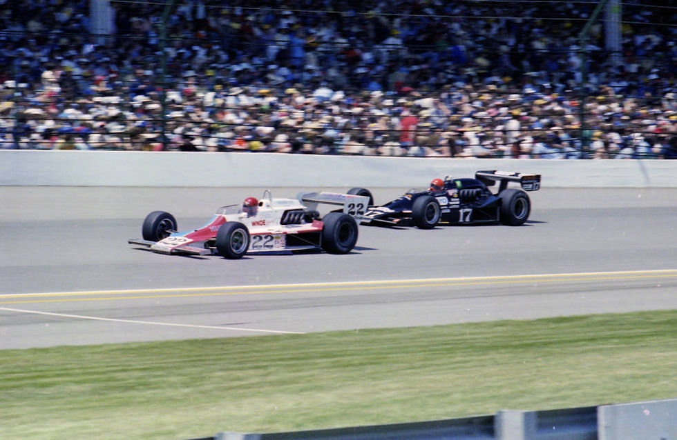 Bill Vukovich II, #22, leads Dick Simon, #17, in the 1979 Indianapolis 500.