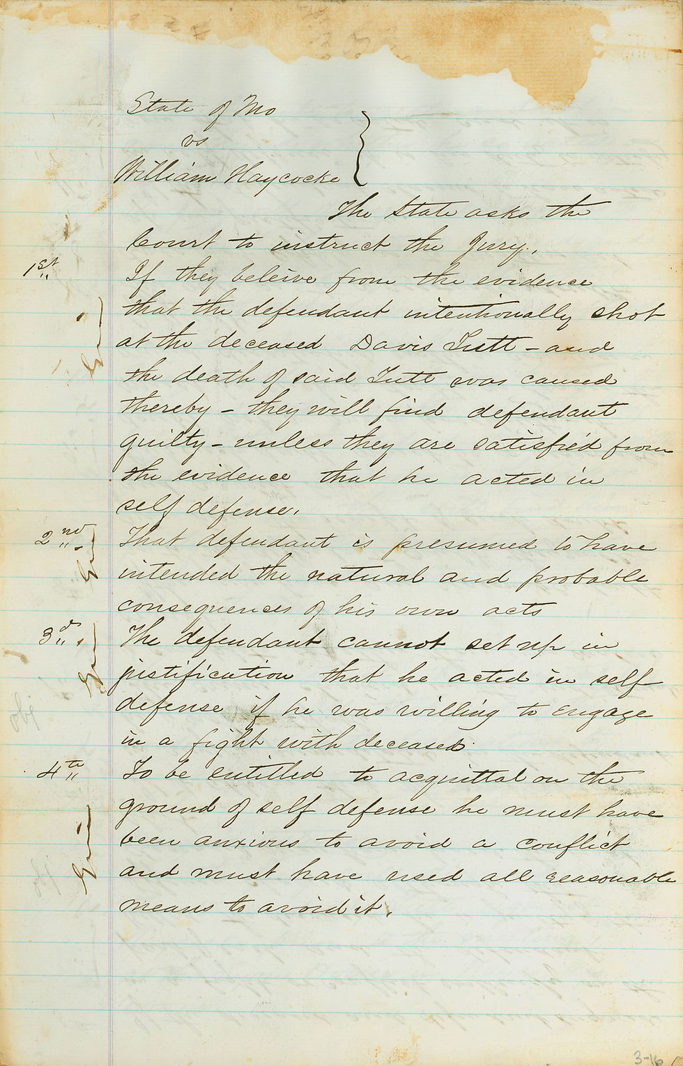 A stained piece of paper with writing in slanting cursive