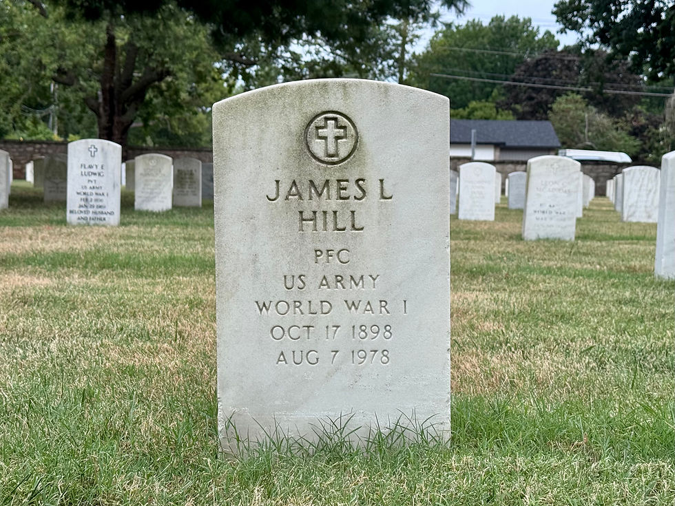A plain stone headstone lists James L Hill, PFC, US Army, World War I, Oct 17 1898, Aug 7 1978