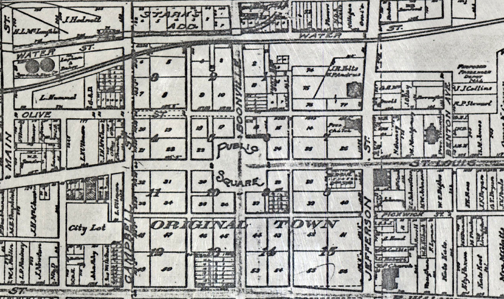 A black and white map of Springfield showing the Public Square and Water Street
