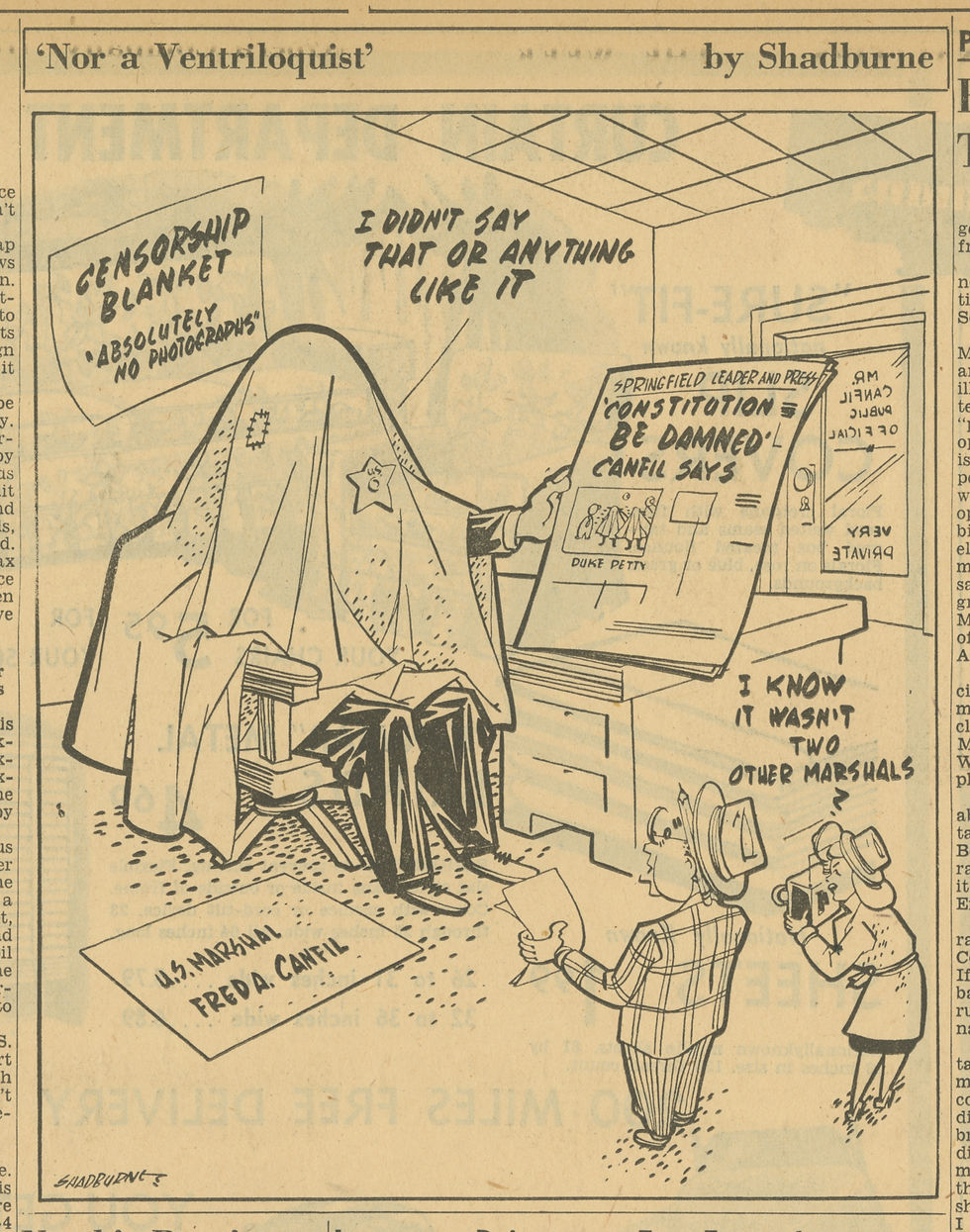 A newspaper clipping of a cartoon of a man in a chair with a blanked over his head saying "I didn't say that or anything like it" while signs and newspaper reporters allude to him saying "the constitution be damned" 