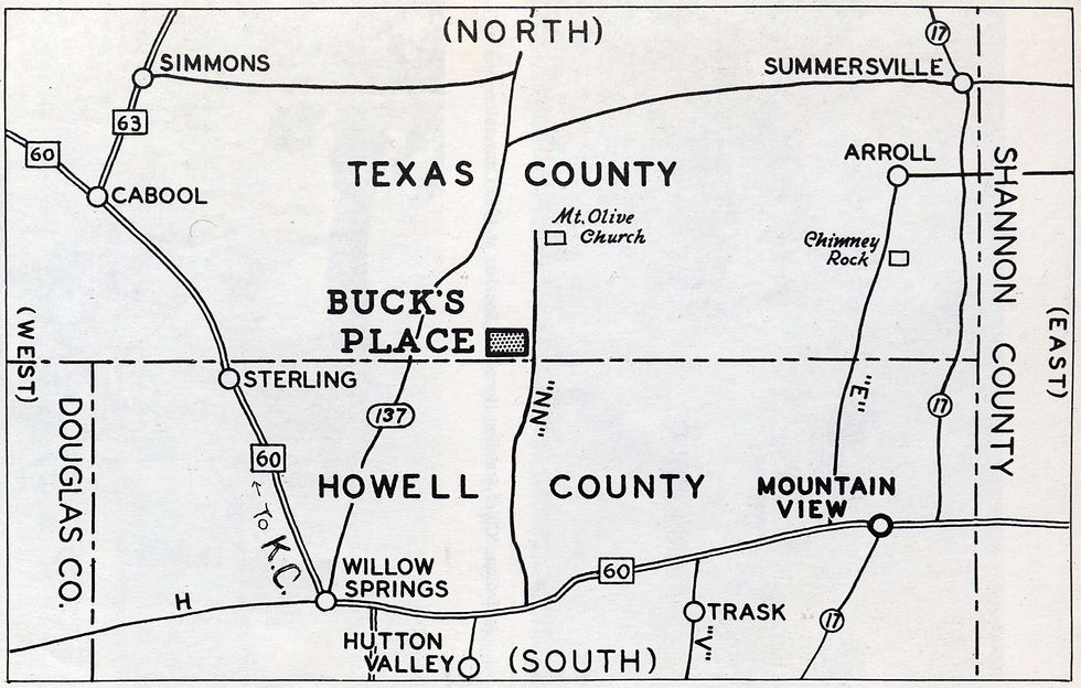A map of Texas and Howell County showing "Buck's Place" off of road NN on the southern boundary of Texas County