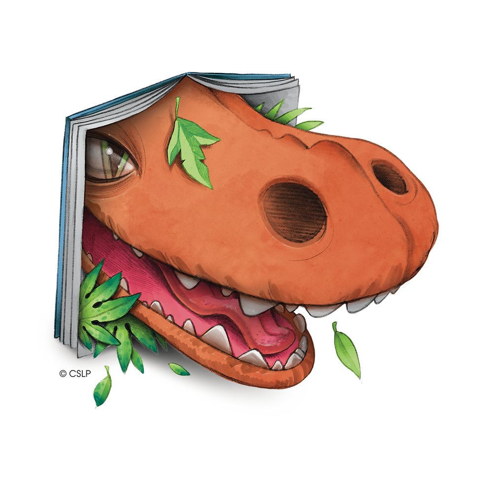 A smiling dinosaur with a book-shaped head, green leaves sticking out, and bright orange skin. The mood is playful and imaginative.