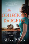 Woman in a teal dress gazes out a window beside a river. Cover text reads, "The Collector's Daughter" by Gill Paul, evoking curiosity.