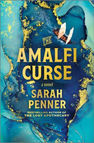 Book cover of The Amalfi Curse by Sarah Penner. Features a small boat and a vibrant blue and gold abstract background, creating a mysterious mood.