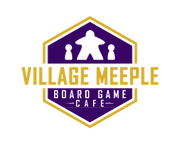 Village Meeple logo that links to companies website with text: Village Meeple Board Game Cafe below the image of tree board game meeples and on top of a purple hexagon