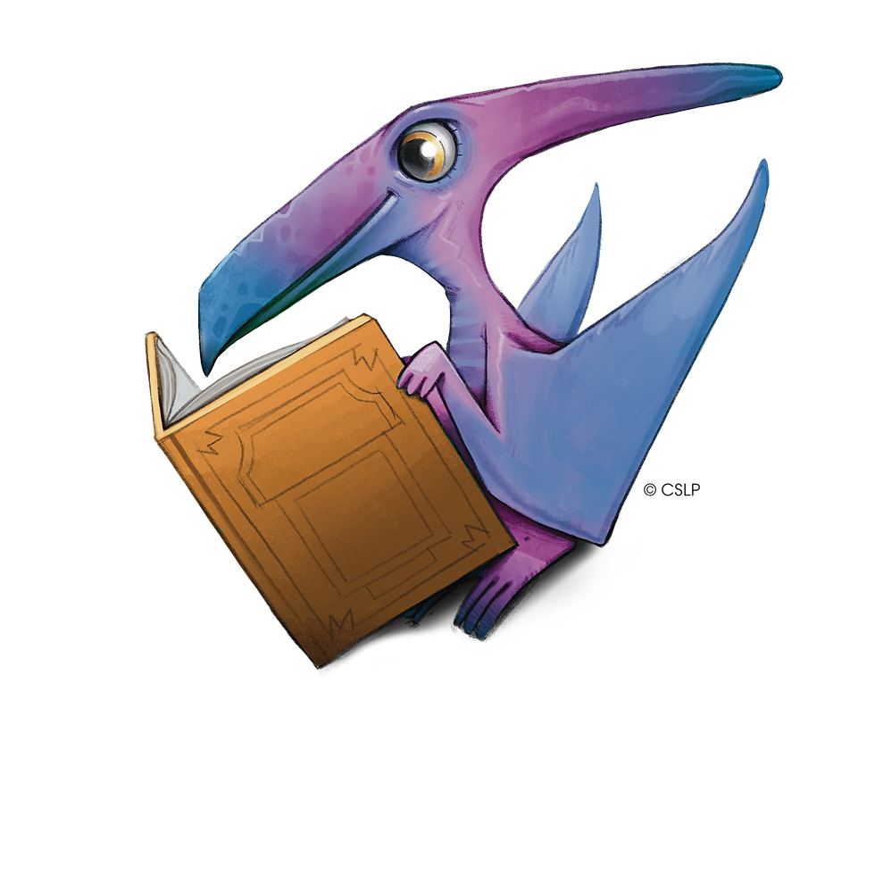 A purple pterodactyl reads an orange book. The setting is simple, with a focus on the creature's curious expression and vibrant colors.