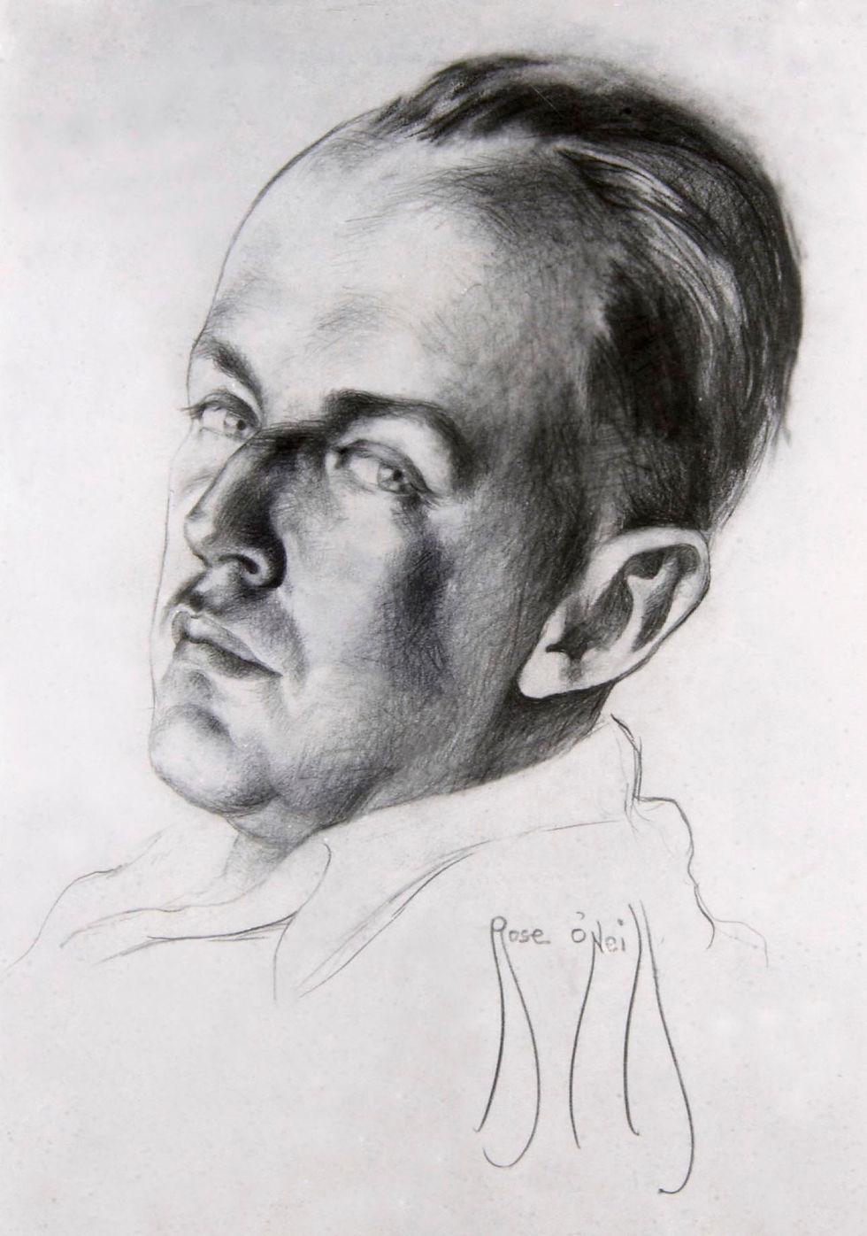 A pencil illustration of a man with a high forehead, large ears, and pushed back hair. He is looking over his left shoulder. The illustration is signed Rose O'Neill