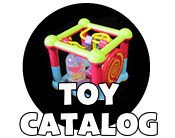 Text that reads "Toy Catalog" infront of an image of a square brightly colored childrens toy.