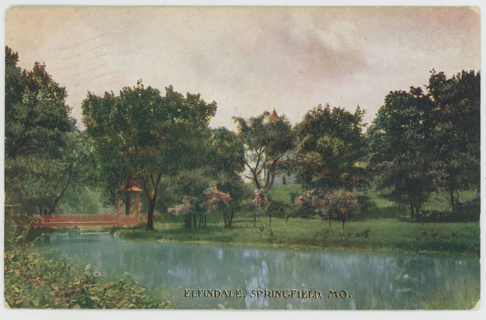 A vintage color postcard shows a lake and tree-filled lawn of the Elfindale estate. Text on the postcard says "Elfindale, Springfield, Mo."