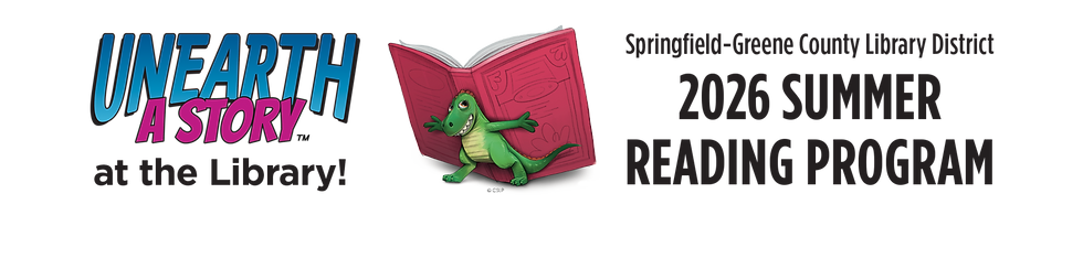 Green alligator leans on a red book. Text: "UNEARTH A STORY at the Library!" and "2026 Summer Reading Program" from Springfield-Greene County Library.