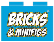 Bricks and Minifigs logo that links to companies website with text: Bricks & Minifigs on top of a blue lego piece