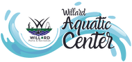 Willard Aquatic Center logo that links to companies website with text:  Willard Aquatic Center next to the Willard city logo and on top of blue cartoonish wave