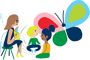 A teacher reads to two kids sitting cross-legged. A large butterfly with colorful wings is in the background. The setting is cheerful.