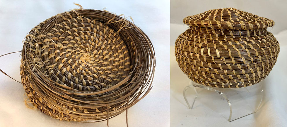 A side by side photo shows a damaged and loose woven basket next to a repaired version of a more rounded, rewoven basket with a lid
