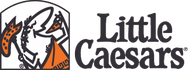 Little Caesars logo that links to companies website with text: Little Caesars next to an image of a cartoon male wearing an orange roman toga eating a slice of pizza.