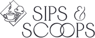 Sips and Scoops logo that links to companies website with text: Sips & Scoops next to an image of a cup of coffee and an ice cream cone