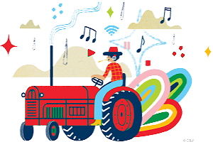 A person on a red tractor with colorful smoke and music notes, set against a whimsical sky of clouds and stars, in vibrant hues.