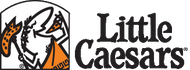 Little Caesars logo that links to companies website with text: Little Caesars next to an image of a cartoon male wearing an orange roman toga eating a slice of pizza.