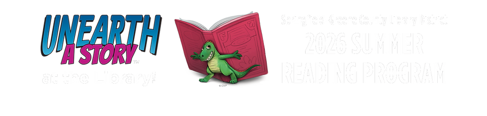 Green alligator leans on a red book. Text: "UNEARTH A STORY at the Library!" and "2026 Summer Reading Program" from Springfield-Greene County Library.