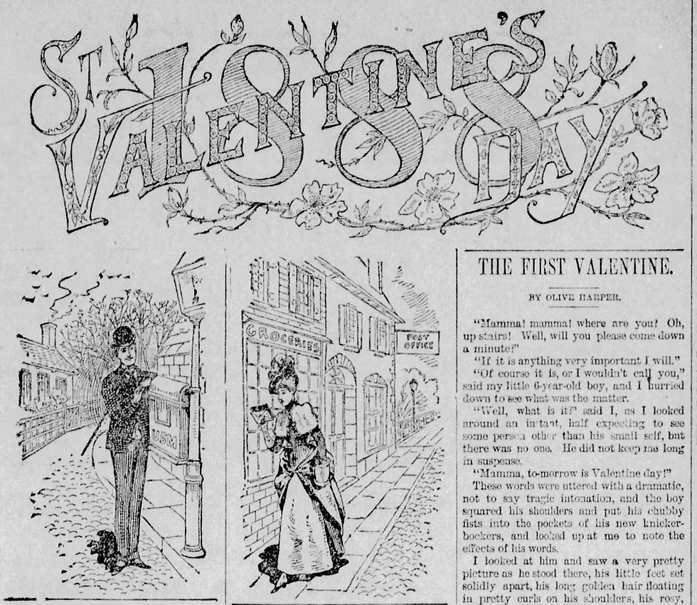 An excerpt from a Valentine's Day newspaper ad featuring an ornate title and an illustration of two people putting letters in the mail.