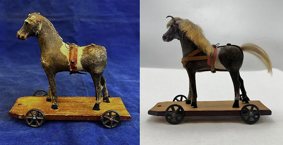 A side by side before and after image shows a damaged almost bald-looking toy horse on a scratched wooden cart. In the after image, the horse has a full mane and tail, a leather harness, and a cleaned wooden cart.