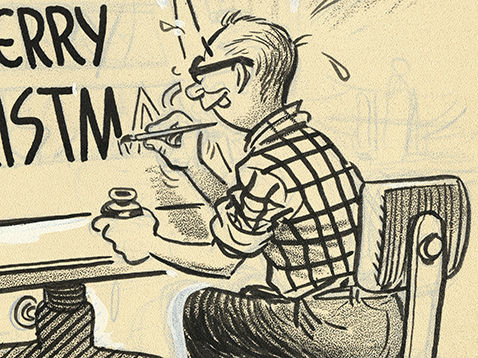 Cartoon sketch of an artist drawing a cartoon for the newspaper.