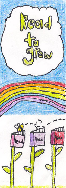 Flowers with books being pollinated with a bee. Above, a rainbow and a cloud with the words 'Read to grow.'