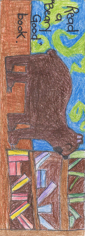 A bear looking at a bookshelf with the words 'Read a "Beary Good" Book.'