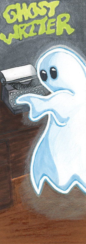 A ghost with a typewriter with the words "Ghost Writer" at the top.