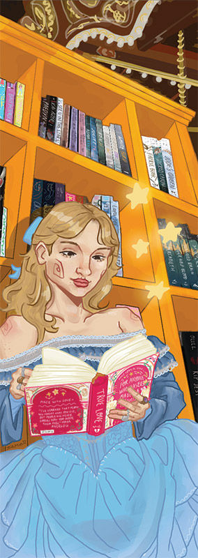 Girl in blue dress sitting in front of bookshelves, reading a pink book called "True Love."