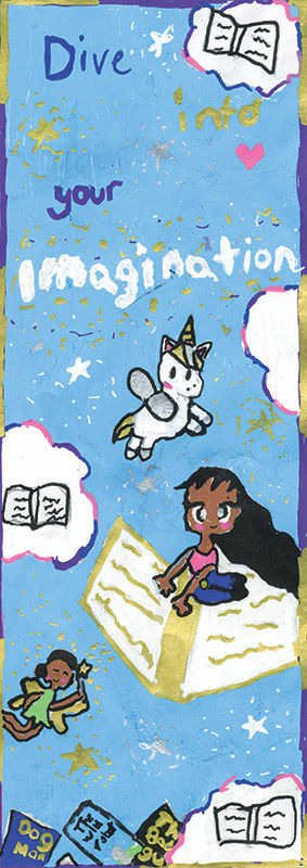 Girl floating on a book with magical creatures and the words Dive Into Your Imagination.